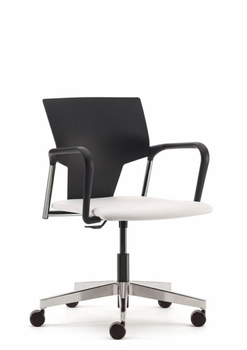 Ikon Chair with upholstered seat and plastic back, with arms and polished 5 star swivel base on castors IK14C