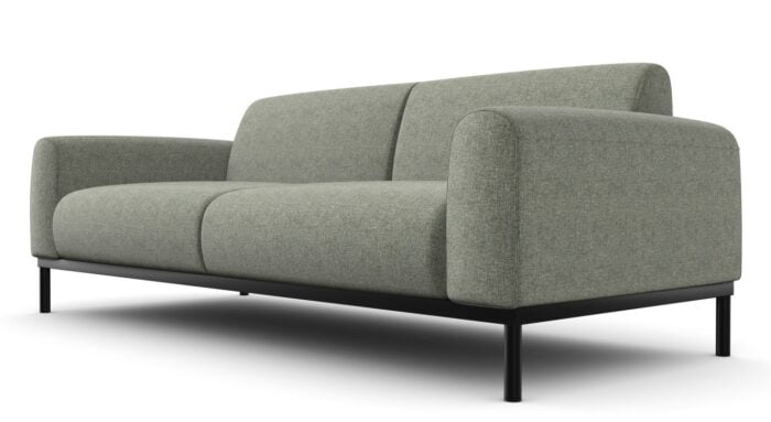 Ionic Soft Seating side view of a two seater sofa with black frame