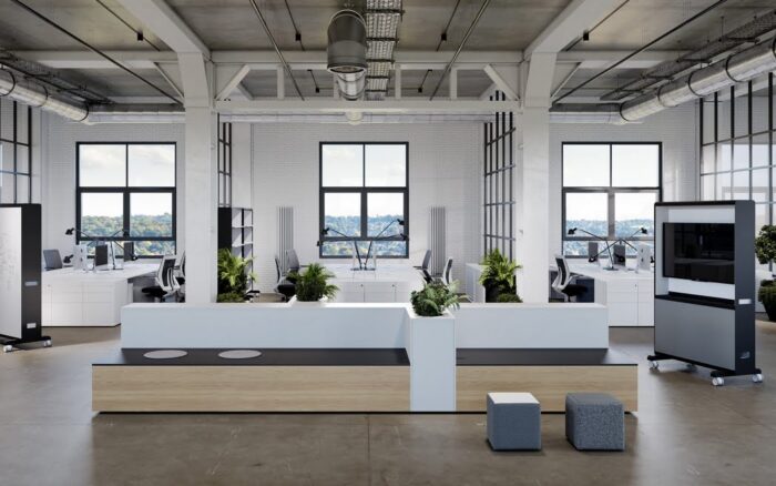 Islands Modular Seating offset configuration in birch, white and carbon grey shown in a workspace