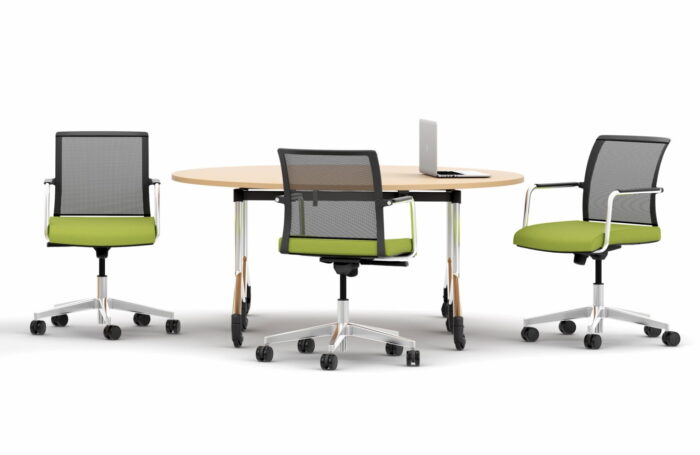 Jib Lite Chair three chairs with self arms, mesh backs, upholstered seats and chrome 5 star bases on castors shown around a meeting table