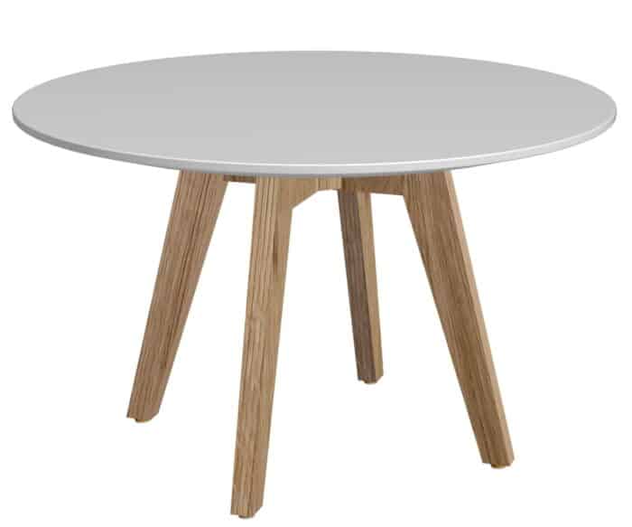 Jig Coffee Table round coffee table with white top and oak 4 leg frame