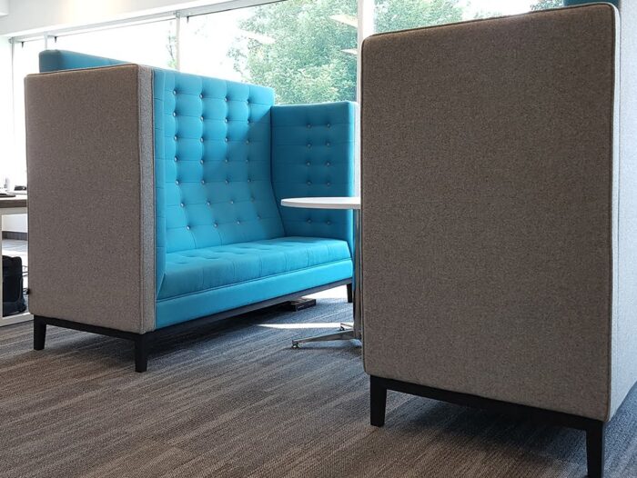 Jig Sofa High Back showing two high back three seaters upholstered in grey and turquoise