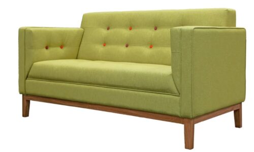 Jig sofa two seater with contrasting buttons and stained walnut frame