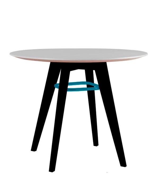 Jig Table diner height round table with white top, black legs and turquoise metal ring