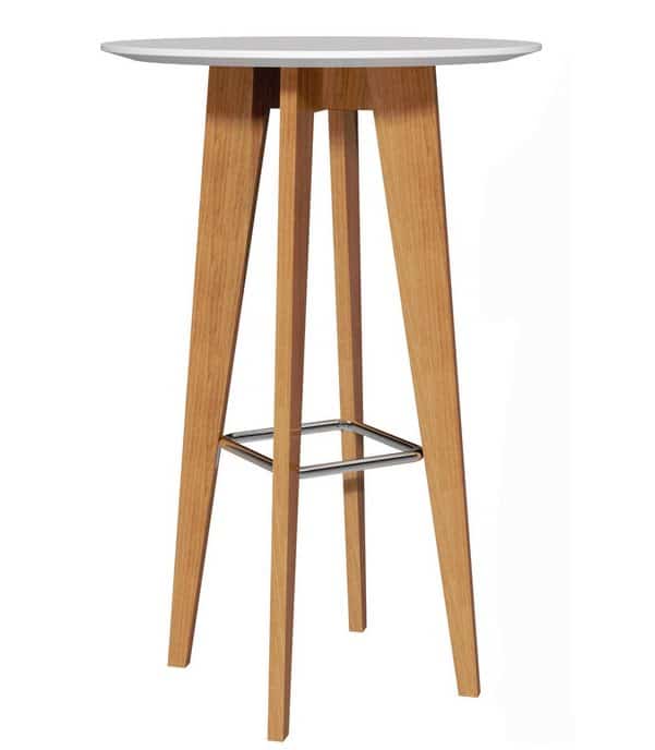 Jig Table poseur height round table with white top and natural oak 4 leg frame