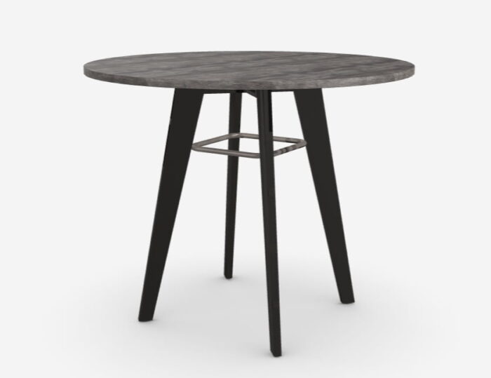 Jinx Table round diner height table with MFC top in driftwood and black 4 leg frame with grey metal leg rail