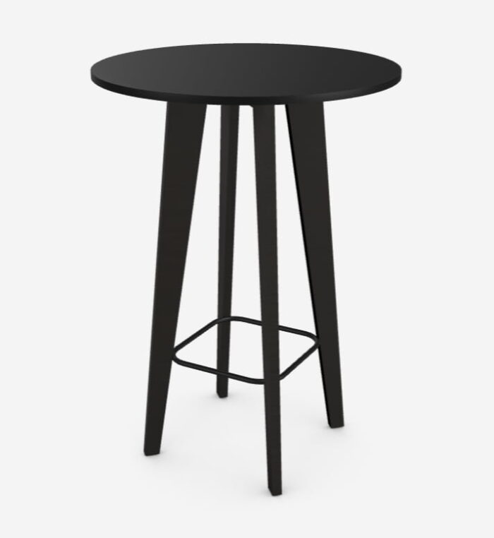 Jinx Table round poseur height table with black MFC top, black 4 leg frame and metal rail