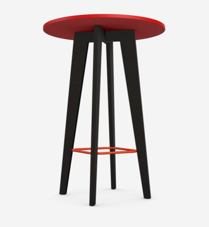 Jinx Table round poseur height table with red MFC top, black 4 leg frame and red metal leg rail