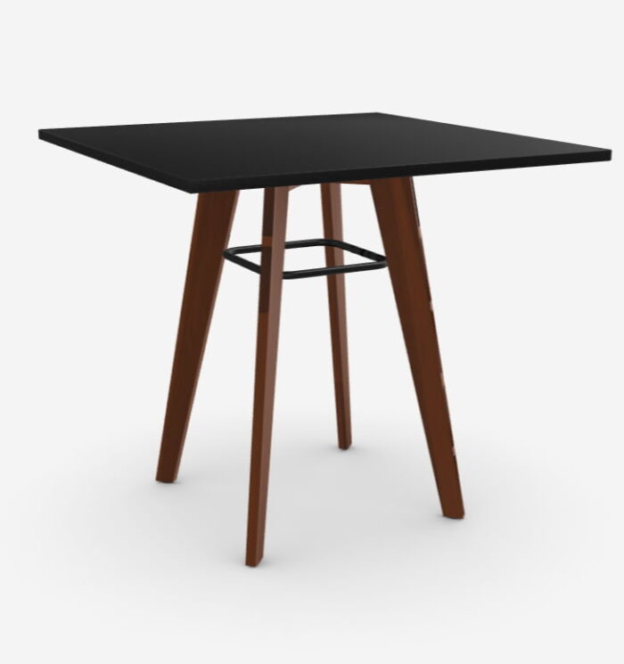 Jinx Table square diner height table with black MFC top and metal rail, walnut stained 4 leg frame