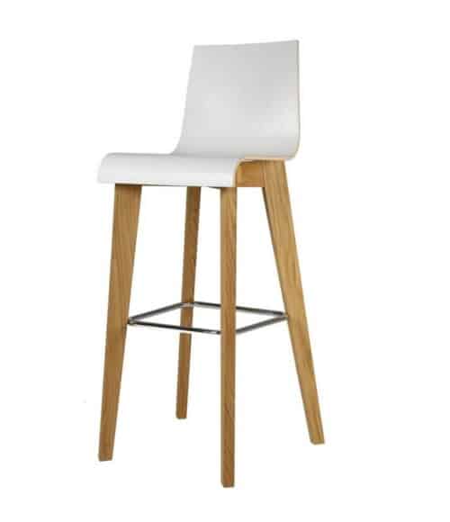 Jinx Chair & Stool poseur height stool in white with natural oak 4 leg frame and a chrome footring