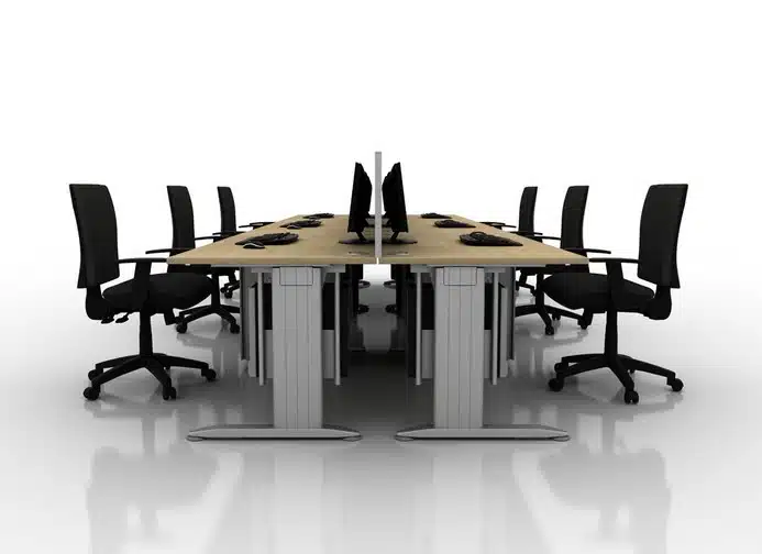K2C Desks And Workstations 6 person back to back configuration with oak tops, silver legs and under desk cpu holders