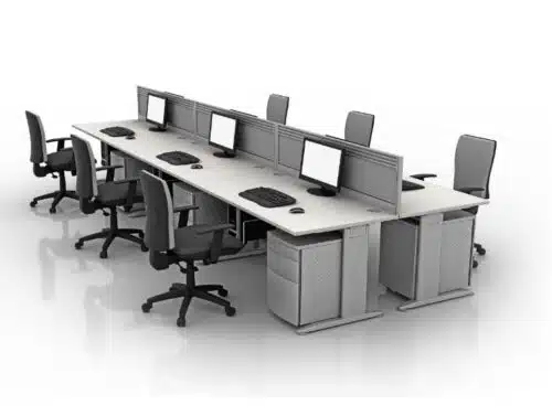 K2C Desks And Workstations 6 person back to back configuration with white tops, silver legs, under desk cpu holders and pedestals