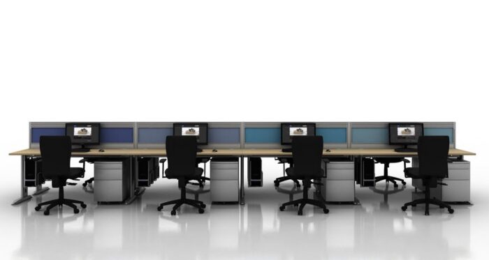 K2C Desks And Workstations eight person back to back configuration with silver legs, pedestals and under desk cpu holders