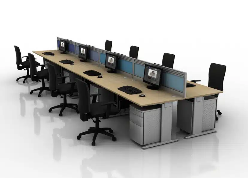 K2C Desks And Workstations eight person back to back configuration with wood effect tops and silver pedestals and legs