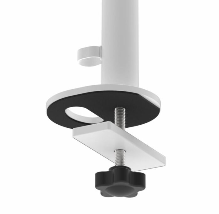 Kardo Monitor Arm through desk clamp shown in white, also available in black or grey