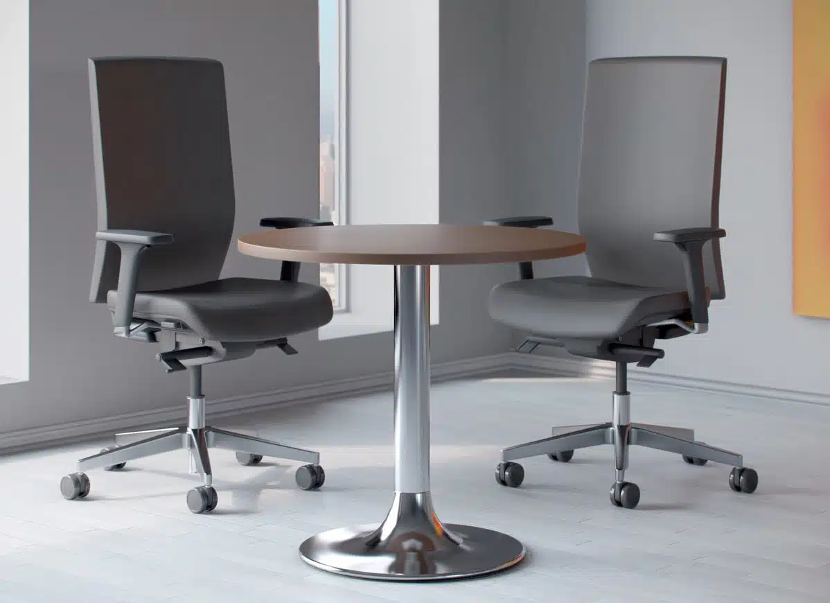 Kind Executive Task Chair two chairs with 2D adjustable arms, upholstered seat and back, chrome gas lift and polished bas on castors by a round meeting table