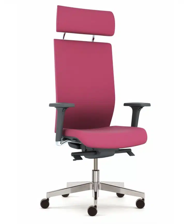Kind Executive Task Chair with headrest, 2D adjustable arms, upholstered seat and back, chrome gas lift and polished bas on castors