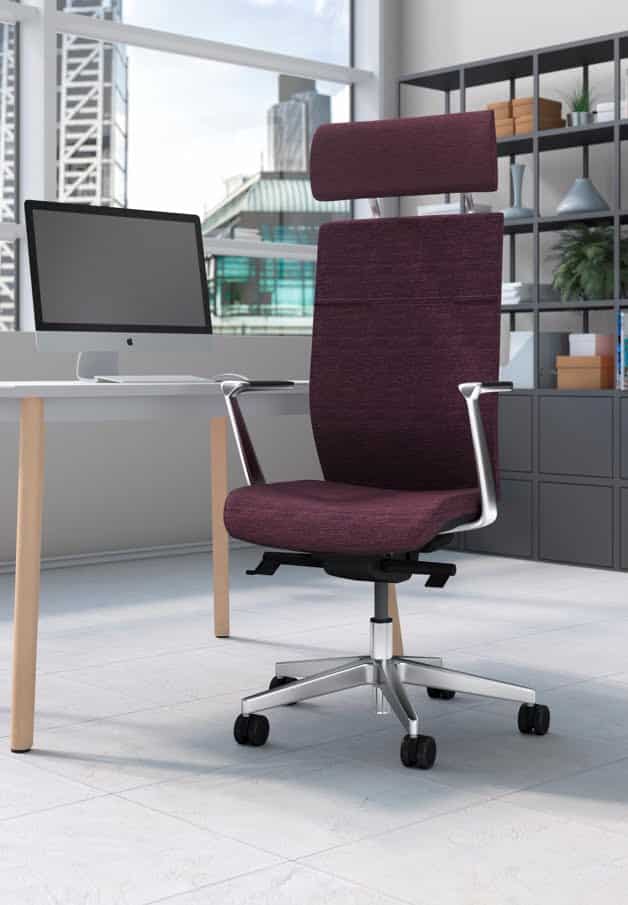 Kind Executive Task Chair with headrest, fixed aluminium arms, upholstered seat and back, chrome gas lift and polished bas on castors in an office space