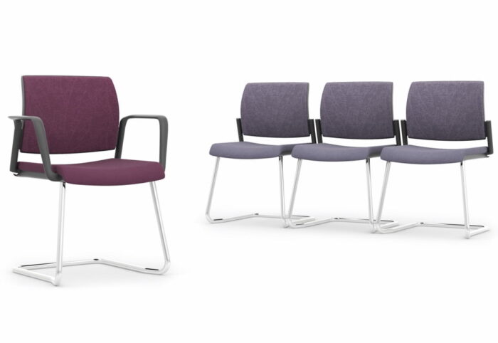 Kind Meeting Chair 3 chairs with no arms, 1 chair with fixed arms, all with upholstered seats and backs, cantilever frame in chrome