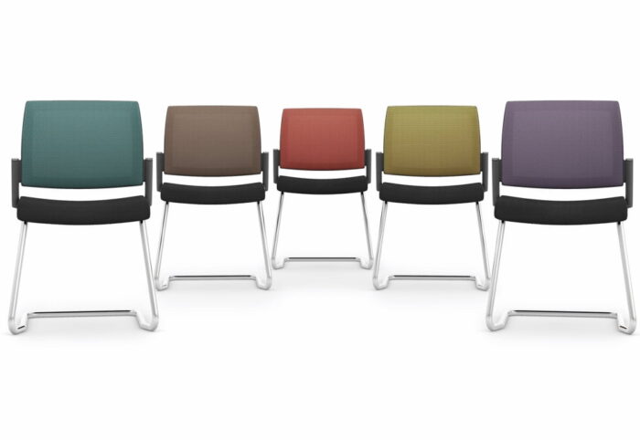 Kind Meeting Chair 5 chairs with upholstered seats and mesh backs in various colours with cantilever frame in chrome