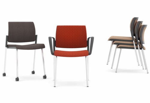 Kind Meeting Chair group of upholstered chairs with 4 leg frames, with arms, without arms, and one shown with optional castors
