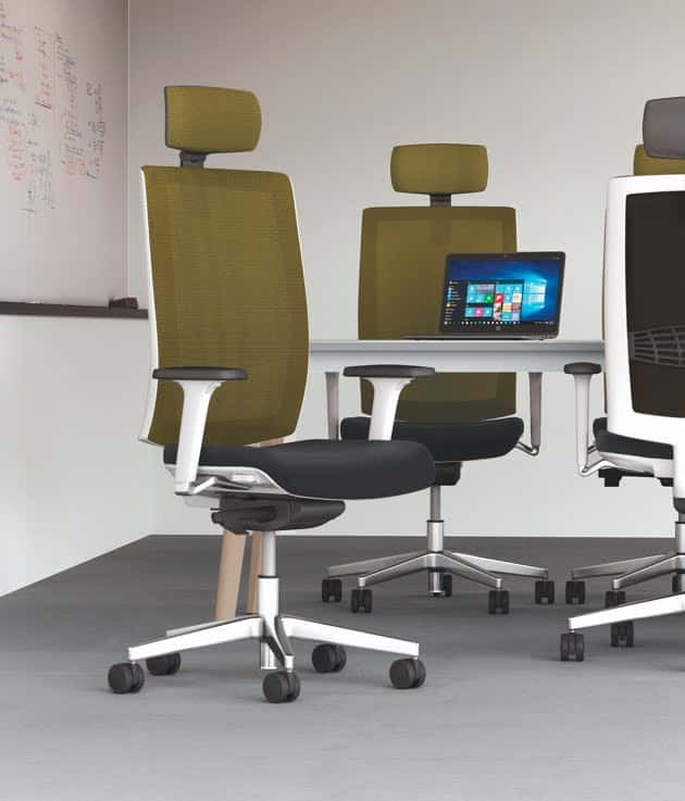 Kind Mesh Task Chair group of three chairs with arms, green mesh and chorme bases shown by a desk