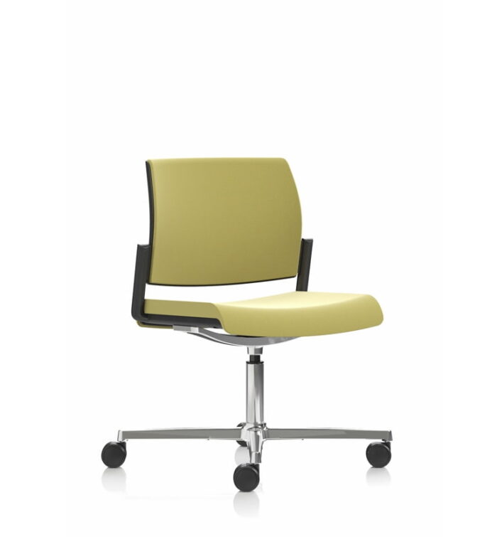 Kind Swivel Chair, no arms, upholstered seat and back, polished aluminium base with castors