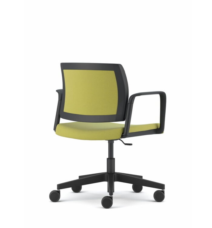 Kind Swivel Chair, with fixed arms, upholstered seat and back, black frame on castors