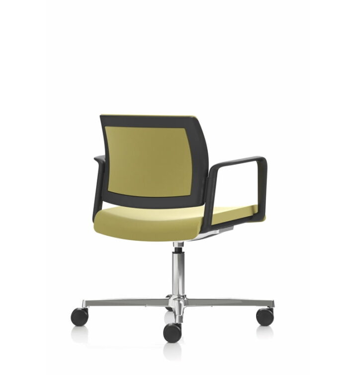 Kind Swivel Chair with fixed arms, upholstered seat and back, polished aluminium frame on castors