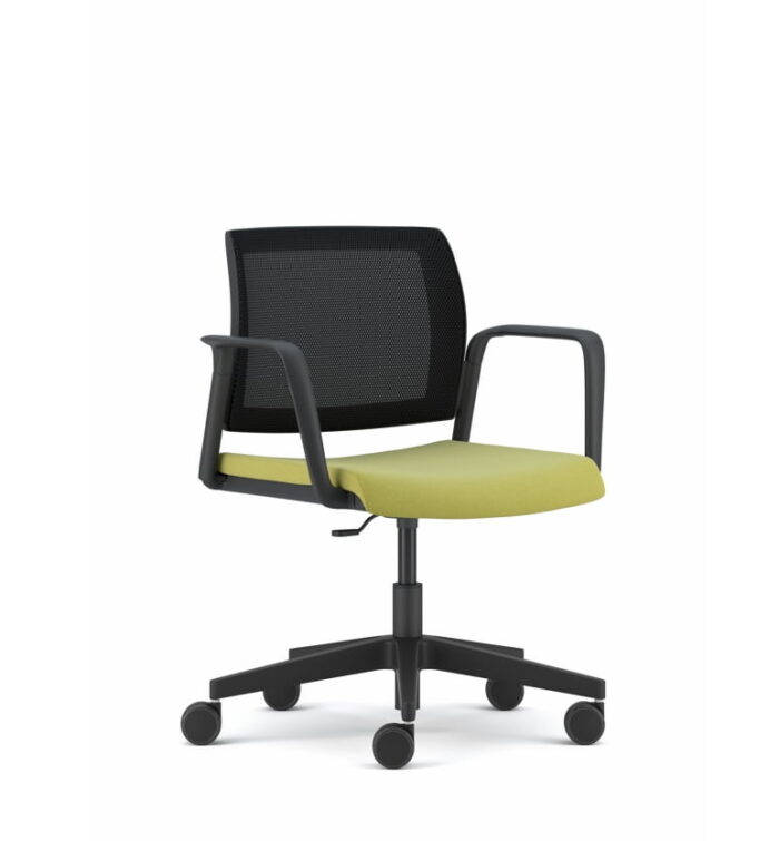 Kind Swivel Chair, with fixed arms, upholstered seat and mesh back, black frame on castors
