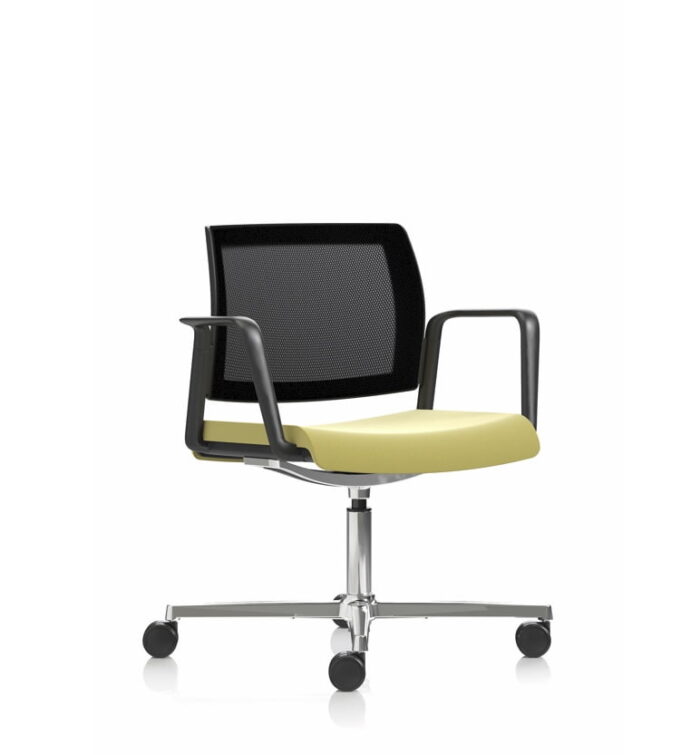 Kind Swivel Chair with fixed arms, upholstered seat and mesh back, polished aluminium frame on castors