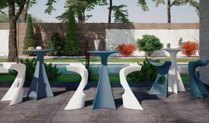 Konc & Voi Stools groups of koncord stools with table outdoors by a pool