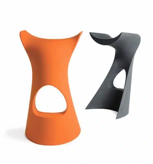 Konc & Voi Stools pair of polypropylene barstools shown in grey and orange finishes KON 001
