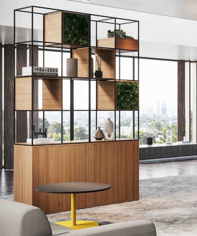 Konnect Storage Wall shown with base cabinets, moss panels, planters and open shelving in a breakout space