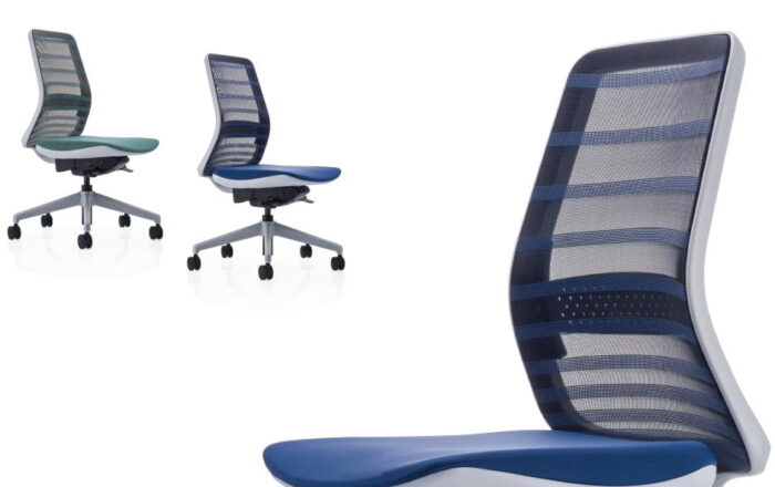 Koplus Tonique Task Chair two task chairs with no arm and a close up view of mesh and seat