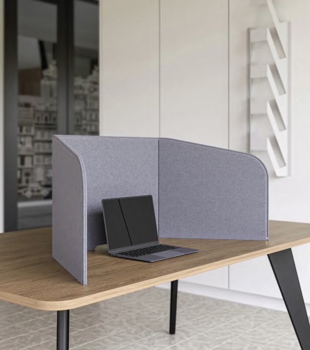 Kosi Lite Folding Screen in grey shown on top of a desk