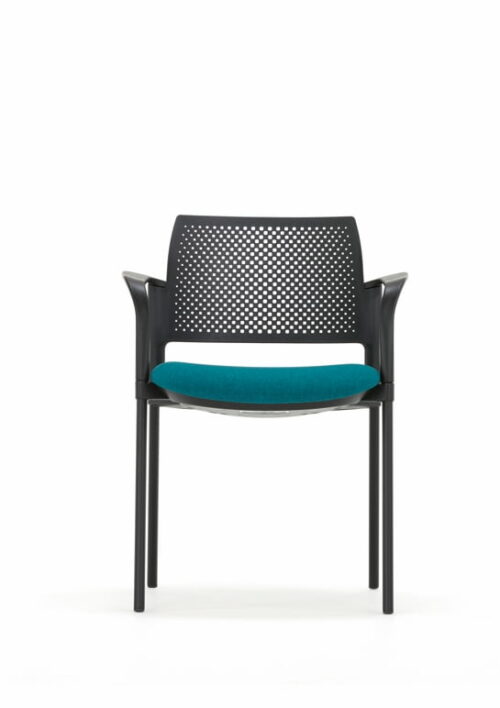 Kyos Chair with arms, a perforated plastic back, upholstered seat and 4 leg frame