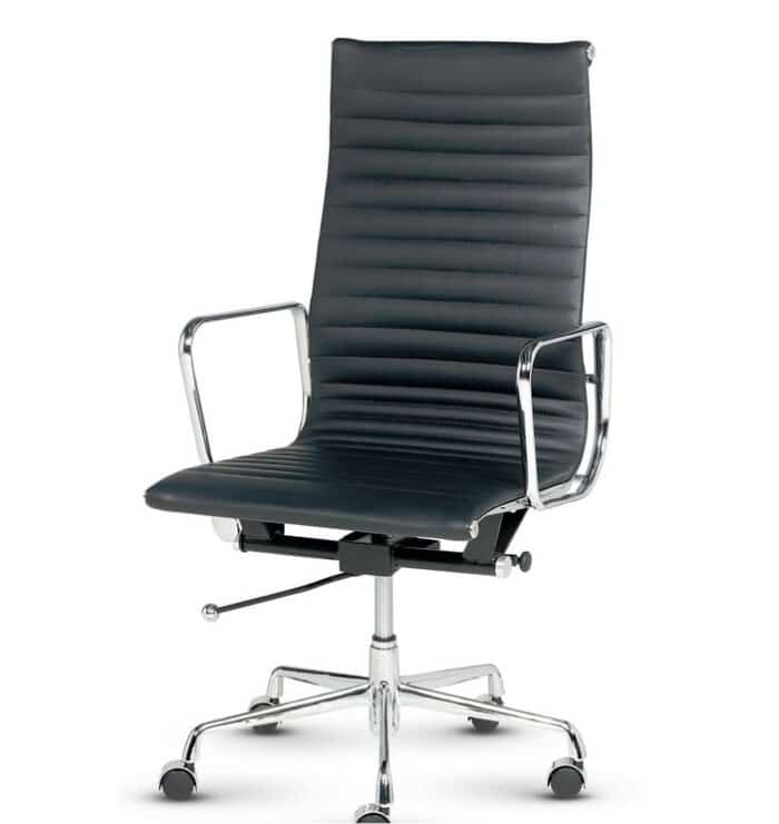 Libra Executive Chair with a high back, ribbed black leather upholstery, silver frame and castors