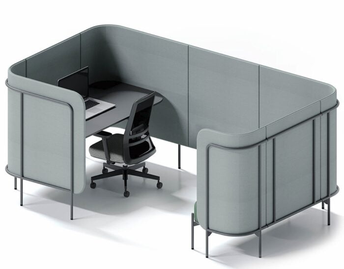 Leaf Pods a manager pod with integrated desktop at one end and a sofa module at the other end of cubicle