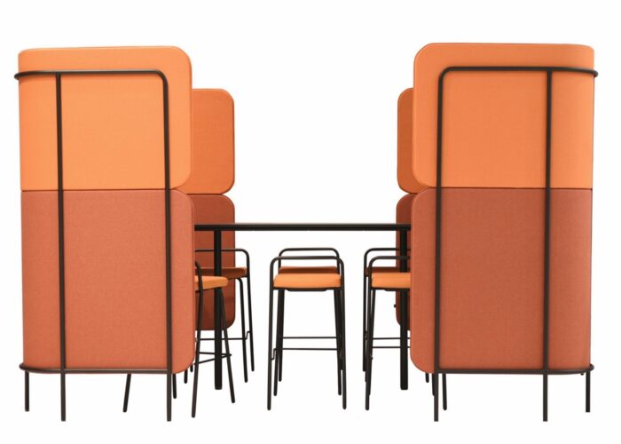 Leaf Pods six seater brainstorm collaboration pod with high end panels, integral table and shown iwth 6 high stools