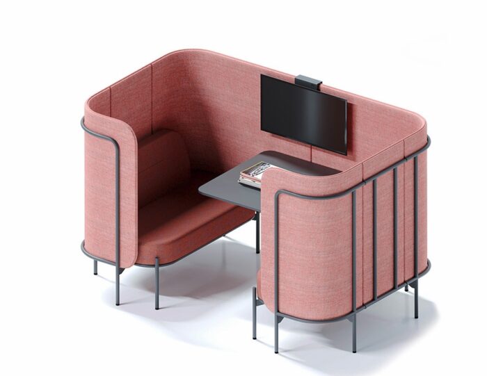 Leaf Pods two person chat pod with integral table and sofa units shown with a monitor mounted on the central upholstered screen
