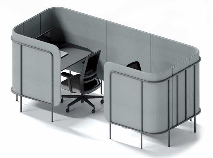 Leaf Pods two person focus pod with integral desktops and shown with two task chairs