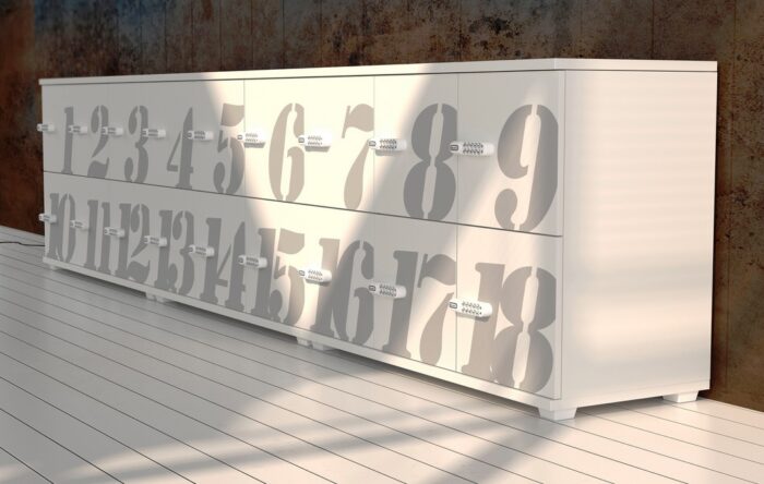 Liberty Lockers goup of lockers in white board finish with numbered lockers and electronic keypad locks