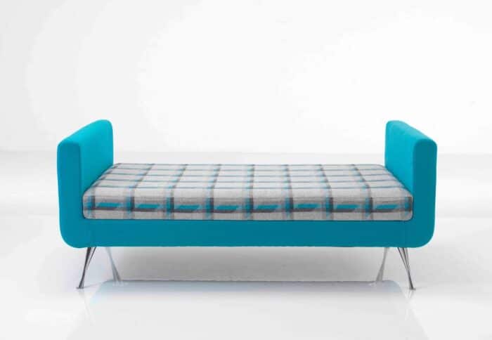Liberty Soft Seating 2 seater bench sofa with no back, chrome legs and two tone blue and check upholstery LIBERTY BENCH TWO