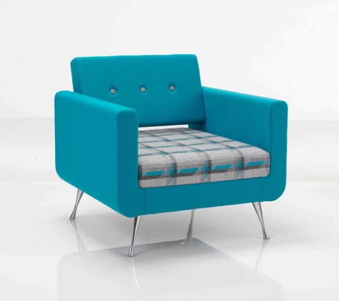 Liberty Soft Seating single armchair with chrome legs, button back detail and two tone upholstery