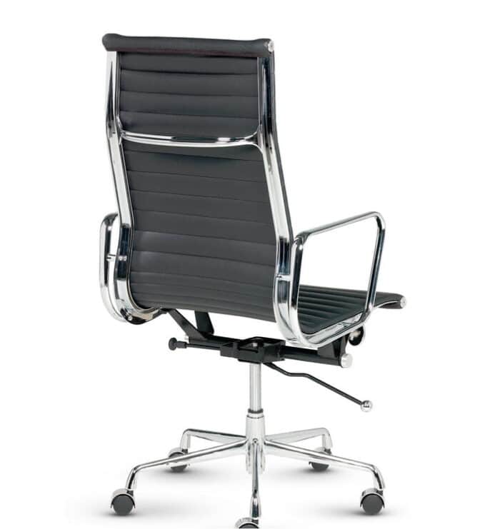 Libra Executive Chair reaf view of a chair with high back, ribbed black leather upholstery, silver frame and castors