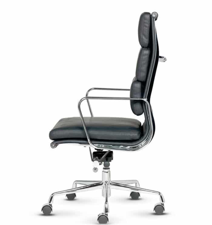 Libra Executive Chair side view of chair with a high back, soft pad black leather upholstery, silver frame and castors
