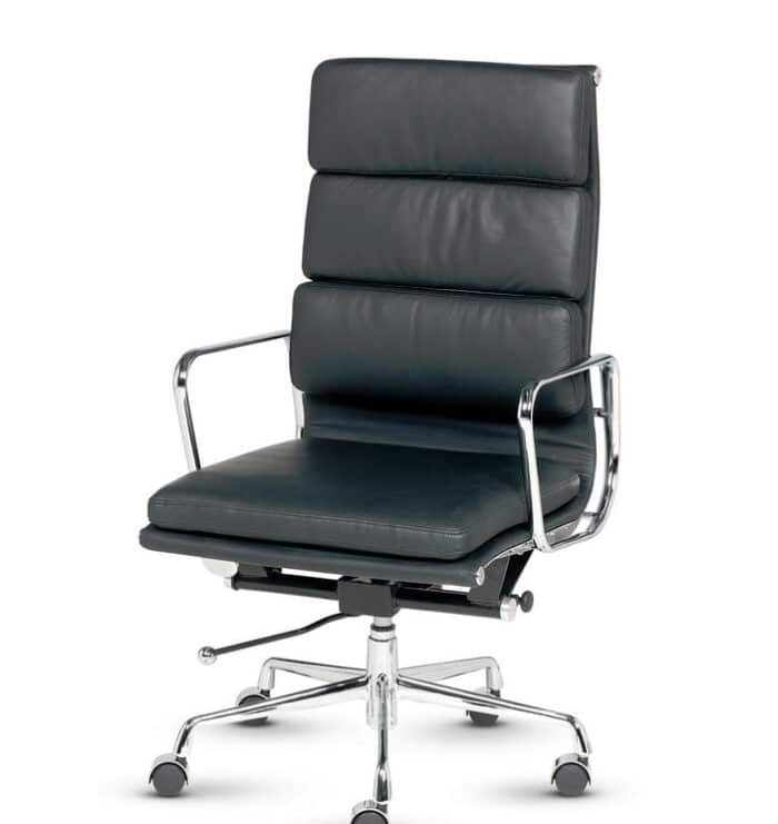Libra Executive Chair with a high back, soft pad black leather upholstery, silver frame and castors