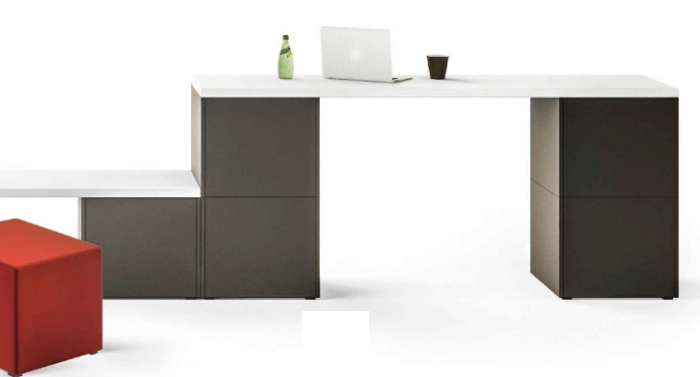 Ligo Modular Seating And Tables group of pouffes on two levels desk high work surface