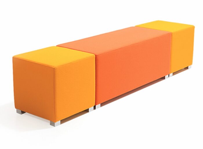Link Breakout Seating a bench and two cube modules side by side with contrasting fabric colours